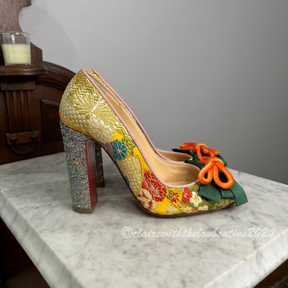 Christian Louboutin Dolly Dola 100 Pollen Brocade Obi Pumps size 38 - Picture 2 of 6